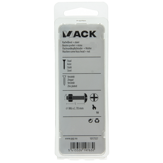 Mack 1017557 - kachelbout + moer staal verzinkt 4 st m6 x 70 mm | 10 stuks