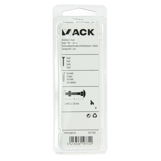Mack 1017565 - houtbout + moer staal verzinkt8 st m5 x 50 mm | 5 stuks
