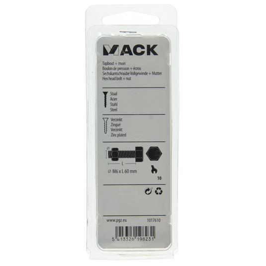 Mack 1017610 - tapbout + moer staal verzinkt 7 st m6 x 60 mm | 10 stuks