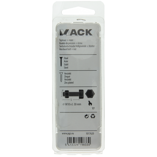 Mack 1017620 - tapbout + moer staal verzinkt 3 st m10 x 30 mm | 5 stuks