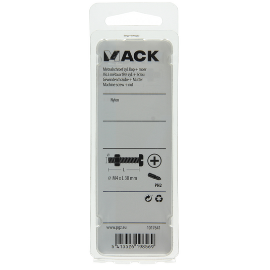 Mack 1017641 - metaalschroef cyl. kop + moer nylon 6 st m4 x 30 mm | 10 stuks