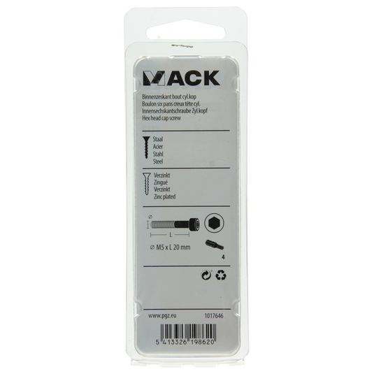 Mack 1017646 - binnenzeskant bout cyl.kop verz. 10 st m5 x 20 mm | 10 stuks