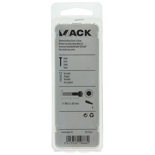 Mack 1017652 - binnenzeskant bout cyl.kop verz. 4 st m6 x 60 mm | 10 stuks