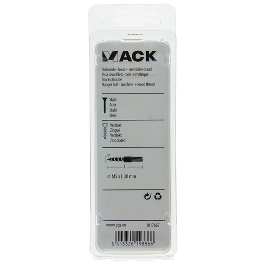 Mack 1017667 - stokeinde hout + metr. draad verz. 6 st m5x30 | 10 stuks