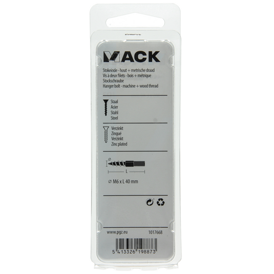 Mack 1017668 - stokeinde hout + metr. draad verz. 5 st m6x40 | 10 stuks
