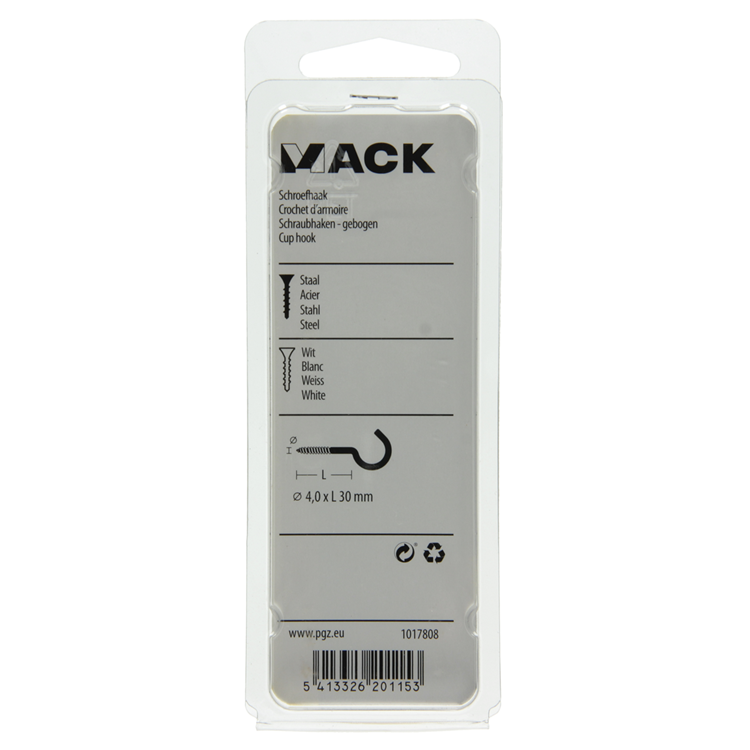 Afbeelding laden in galerijviewer, Mack 1017808 - schroefhaak staal wit 4 st 4,0 x 30 mm | 10 stuks

