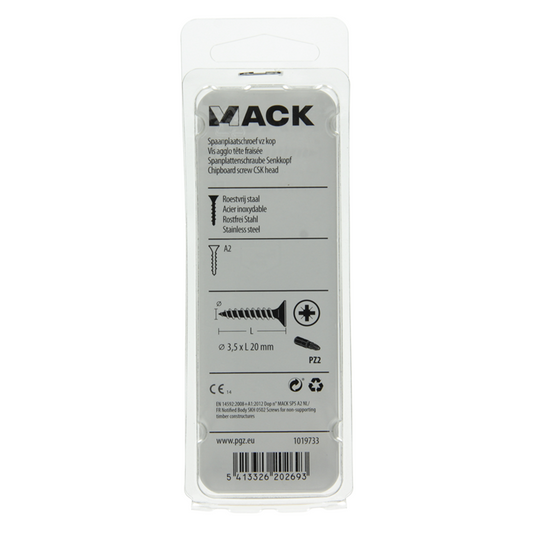 Mack 1019733 - spaanplaatschroef vz kop rvs 21 st 3,5 x 20 mm | 10 stuks
