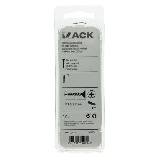 Mack 1019738 - spaanplaatschroef vz kop rvs 20 st 4,0 x 16 mm | 10 stuks