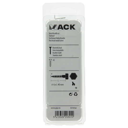 Mack 1019764 - houtdraadbout roestvrijstaal 4 st 6 x 40 mm | 10 stuks
