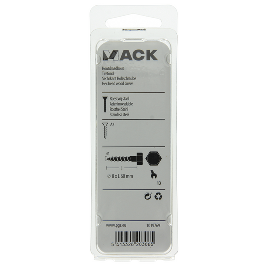 Mack 1019769 - houtdraadbout roestvrijstaal 2 st 8 x 60 mm | 10 stuks