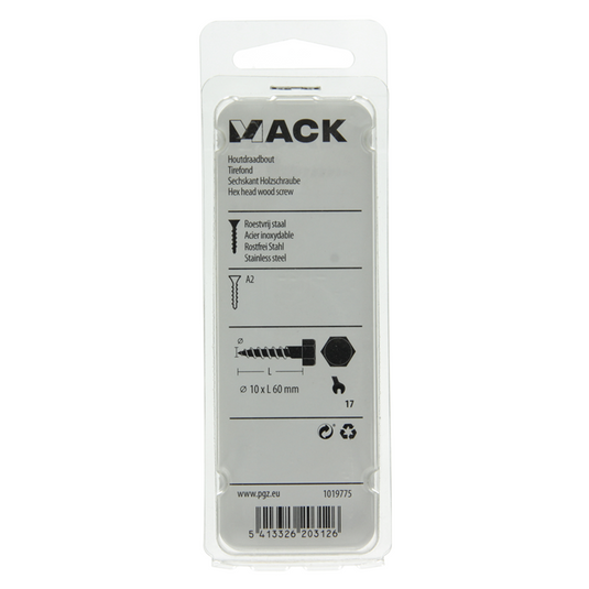 Mack 1019775 - houtdraadbout roestvrijstaal 2st 10 x 60 mm | 10 stuks
