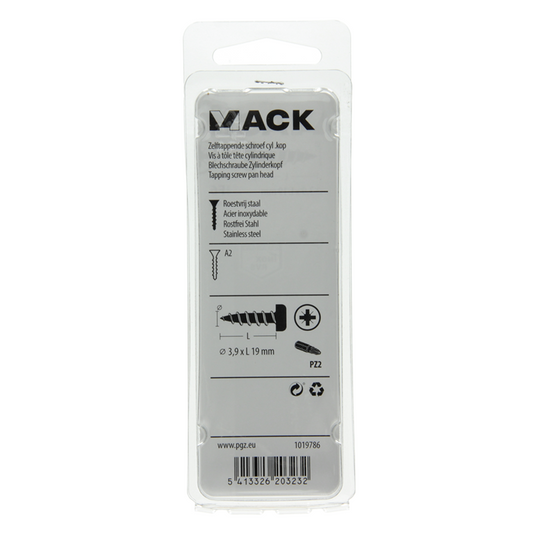 Mack 1019786 - zelftappende schroef cyl.kop a2 10 st 3,9 x 19 mm | 10 stuks