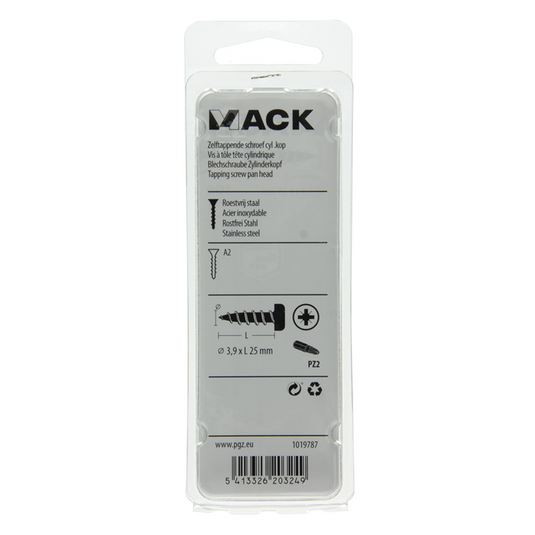 Mack 1019787 - zelftappende schroef cyl.kop a2 9 st 3,9 x 25 mm | 10 stuks