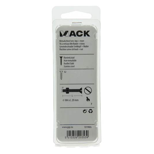 Mack 1019806 - metaalschroef verz. kop + moer rvs 12 st m4x20 | 10 stuks