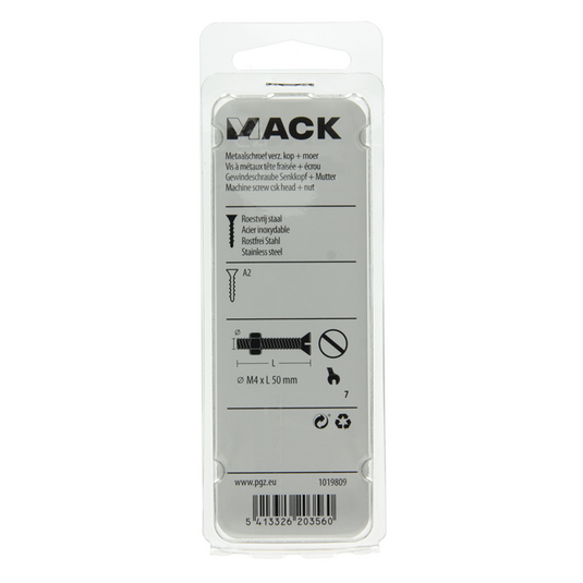 Mack 1019809 - metaalschroef verz. kop + moer rvs 7 st m4x50 | 10 stuks