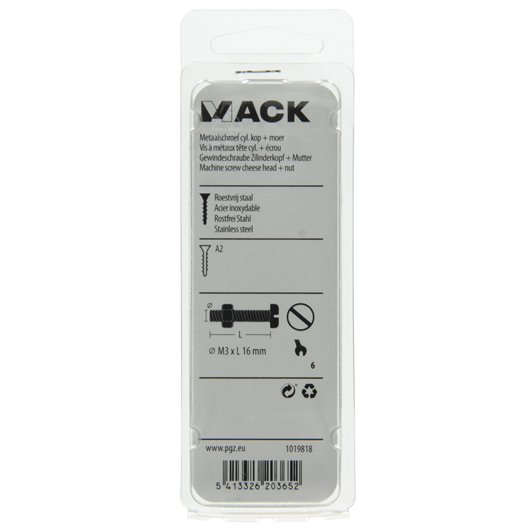 Afbeelding laden in galerijviewer, Mack 1019818 - metaalschroef cyl. kop + moer rvs 12 st m3x16 | 10 stuks
