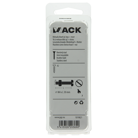 Mack 1019821 - metaalschroef cyl. kop + moer rvs 9 st m4x30 | 10 stuks