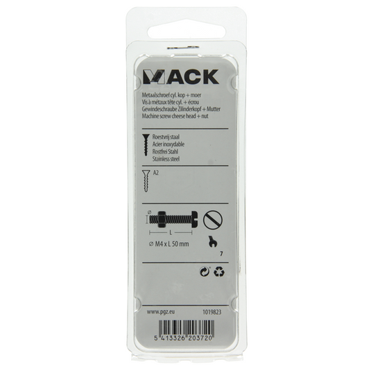 Mack 1019823 - metaalschroef cyl. kop + moer rvs 7 st m4x50 | 10 stuks
