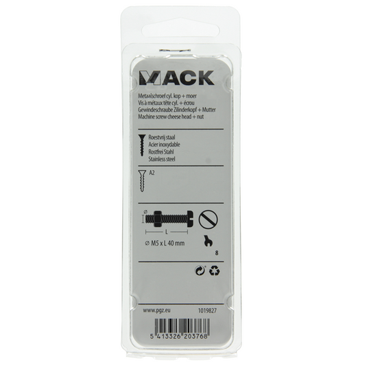 Mack 1019827 - metaalschroef cyl. kop + moer rvs 5 st m5x40 | 10 stuks