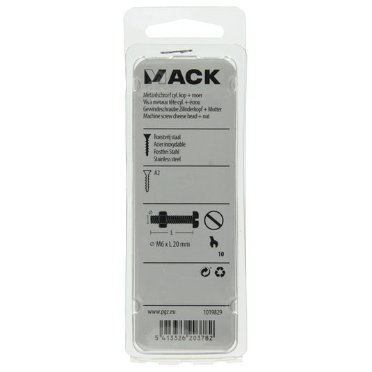 Mack 1019829 - metaalschroef cyl. kop + moer rvs 5 st m6x20 | 10 stuks