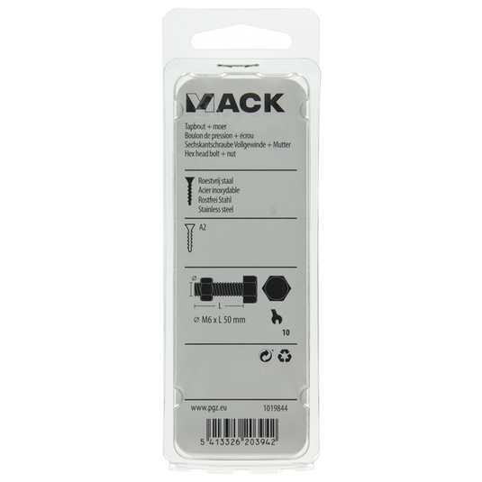 Mack 1019844 - tapbout + moer roestvrijstaal 3 st m6x50 | 10 stuks