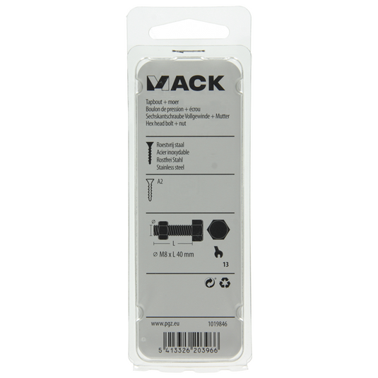 Mack 1019846 - tapbout + moer roestvrijstaal 2 st m8x40 | 10 stuks
