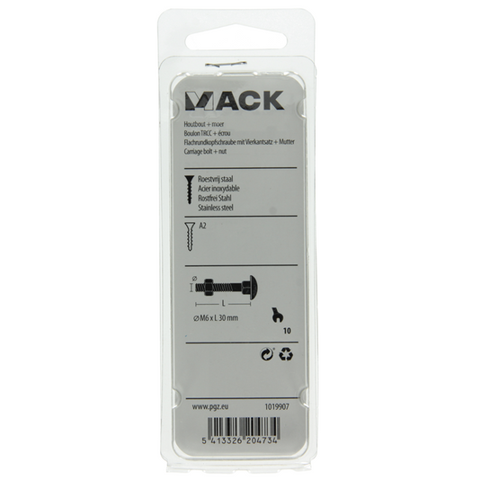 Mack 1019907 - houtbout + moer roestvrijstaal 5 st m6x30 mm | 10 stuks