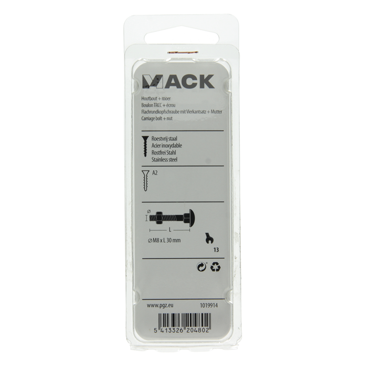 Afbeelding laden in galerijviewer, Mack 1019914 - houtbout + moer roestvrijstaal 5 st m8 x 30 mm | 5 stuks
