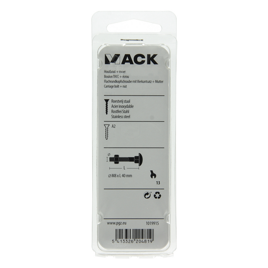 Mack 1019915 - houtbout + moer roestvrijstaal 4 st m8 x 40 mm | 5 stuks
