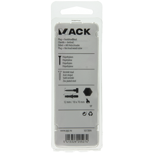 Mack 1017899 - plug + houtdraadbout polyeth 2 st 12 mm 10x70 mm | 5 stuks