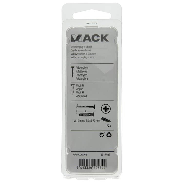 Afbeelding laden in galerijviewer, Mack 1017905 - universeelplug + schroef polyeth6 st 10mm 6,0x70mm | 5 stuks
