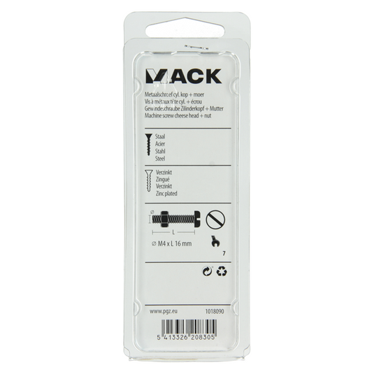 Mack 1018090 - metaalschroef cyl. kop + moer verz. 60 st m4 x 16 mm | 5 stuks
