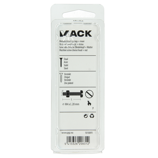 Mack 1018091 - metaalschroef cyl. kop + moer verz. 55 st m4 x 20 mm | 5 stuks