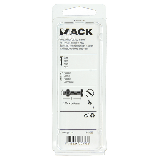 Mack 1018093 - metaalschroef cyl. kop + moer verz. 34 st m4 x 40 mm | 5 stuks