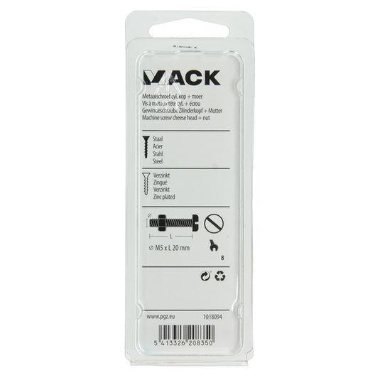 Mack 1018094 - metaalschroef cyl. kop + moer verz. 38 st m5 x 20 mm | 5 stuks
