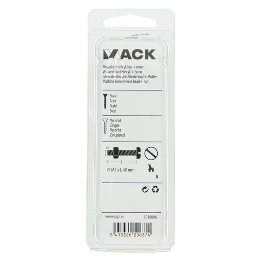 Mack 1018096 - metaalschroef cyl. kop + moer verz .25 st m5 x 40 mm | 5 stuks