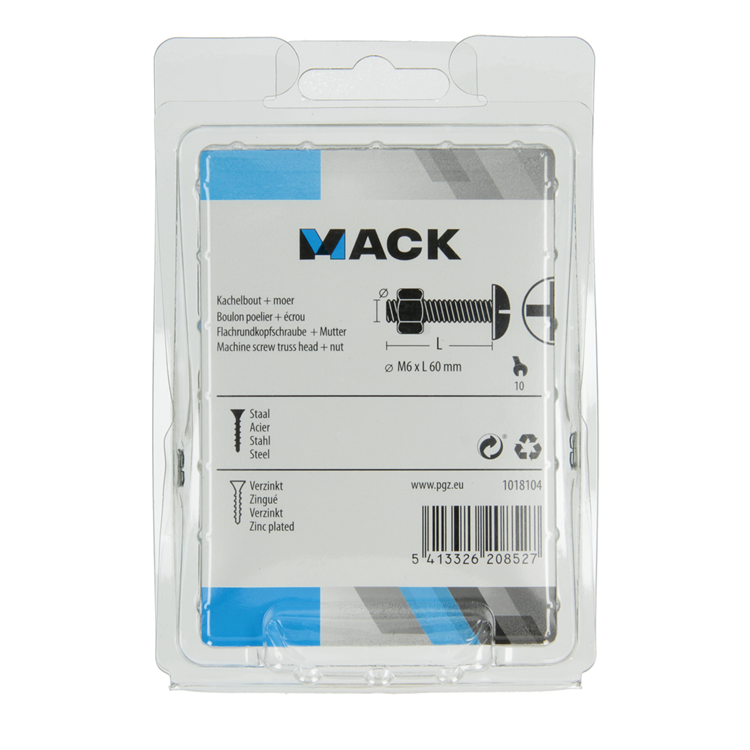 Afbeelding laden in galerijviewer, Mack 1018104 - kachelbout + moer staal verzinkt 22 st m6 x 60 mm | 5 stuks
