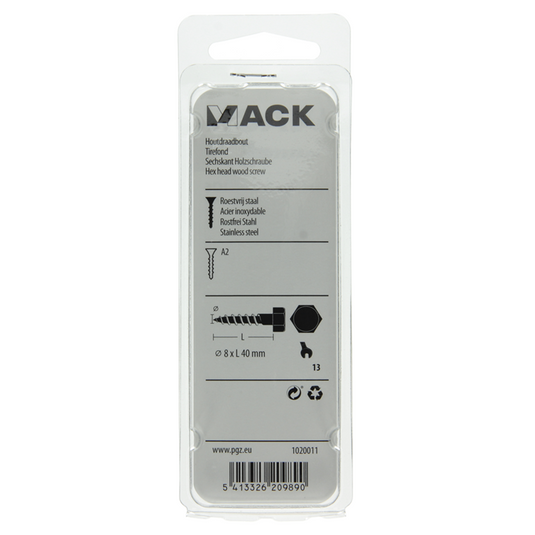 Mack 1020011 - houtdraadbout roestvrijstaal 10 st 8 x 40 mm | 5 stuks