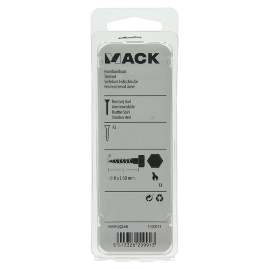 Mack 1020013 - houtdraadbout roestvrijstaal 7 st 8 x 60 mm | 5 stuks