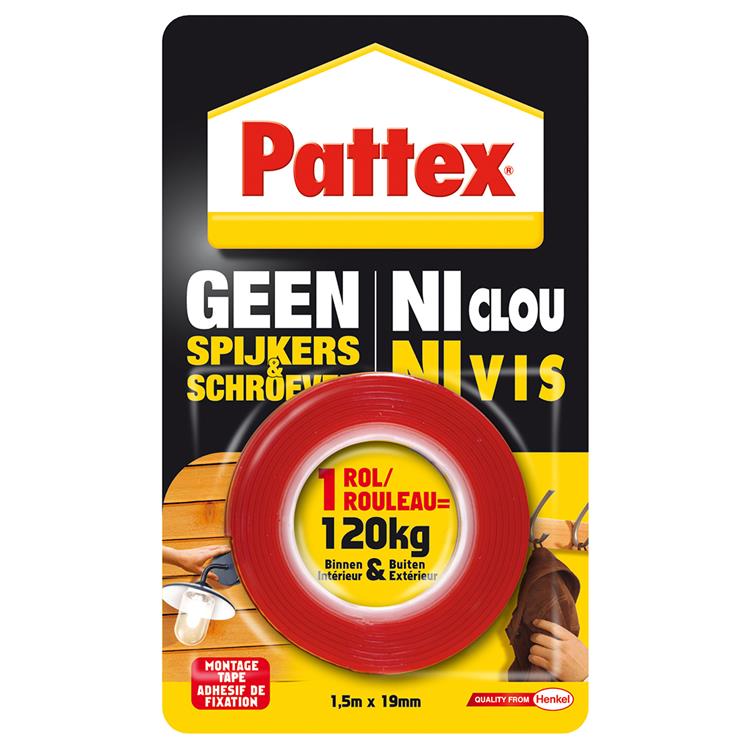 Afbeelding laden in galerijviewer, Pattex geen spijkers schroeven 120kg | binnen buiten oplossingen montagetape | montagetape 1,5 m verpakking.
