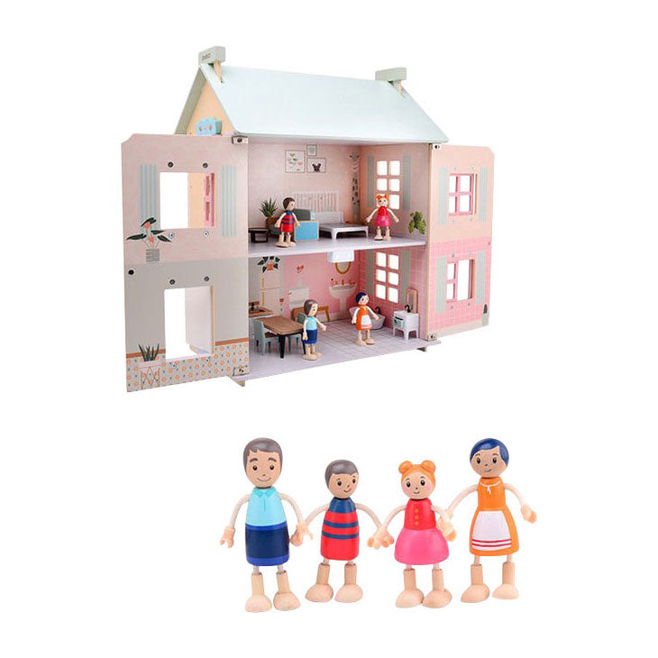 Chargez l'image dans la visionneuse de la galerie, Joueco houten poppenhuis - incl. 15 meubels en 4 poppen
