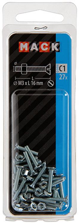 Mack 1017489 - metaalschroef verz. kop + moer verz. 27st m3 x 16 mm | 10 stuks