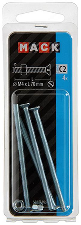 Mack 1017498 - metaalschroef verz. kop + moer verz. 4 st m4 x 70 mm | 10 stuks