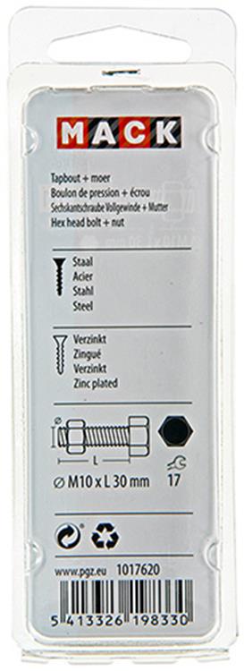 Mack 1017620 - tapbout + moer staal verzinkt 3 st m10 x 30 mm | 5 stuks