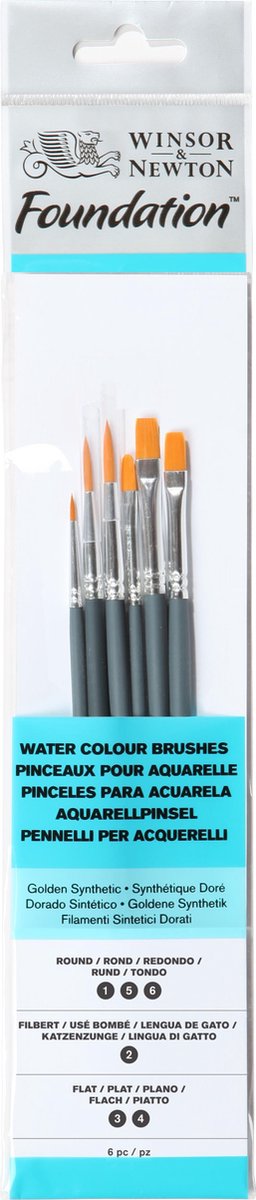 Winsor newton 5295016 foundation brush set – korte steel – 6-delig – ronde, filbert platte penselen voor waterverf, gouache acryl