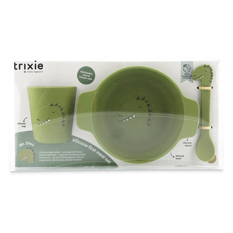 Afbeelding laden in galerijviewer, Trixie siliconen baby eetset mr. dino - perfect kraamcadeau - babyshower gift - set met lepel, beker en kom.
