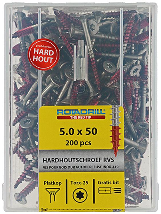 Afbeelding laden in galerijviewer, Rotadrill 1040037 - hardhoutschroef zelfb.sppls.rvs t25 5.0x50mm (200) | 4 stuks
