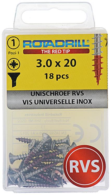 Afbeelding laden in galerijviewer, Rotadrill 1039849 - universeelschroef vk pzd rvs-a2 3.0x20mm (18) | 6 stuks
