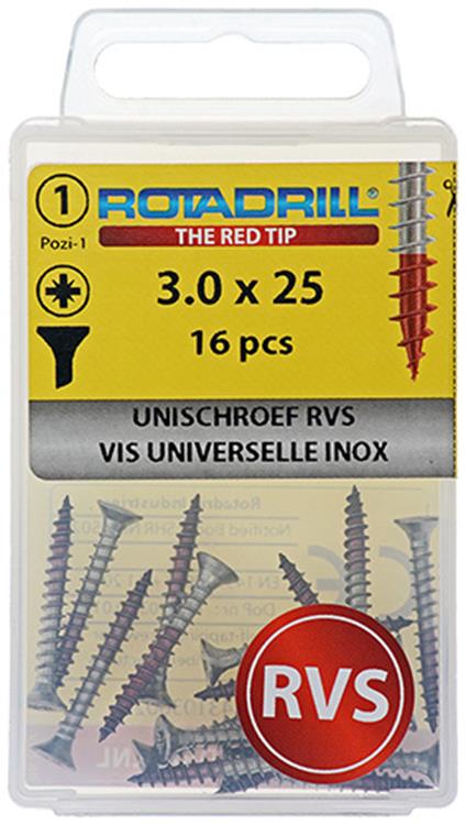 Afbeelding laden in galerijviewer, Rotadrill 1039850 - universeelschroef vk pzd rvs-a2 3.0x25mm (16) | 6 stuks

