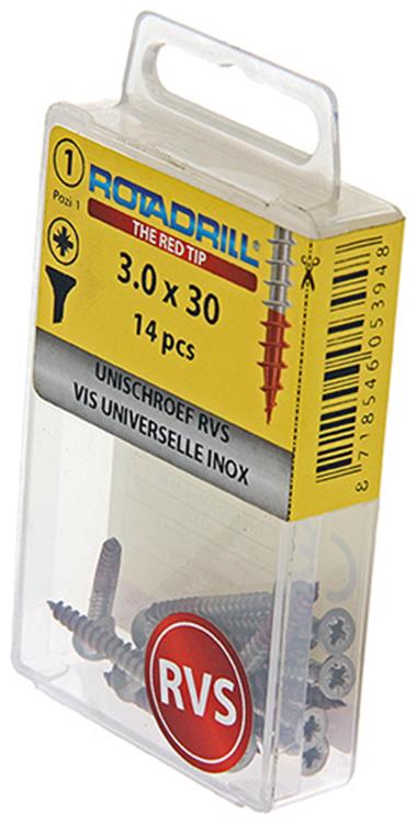 Afbeelding laden in galerijviewer, Rotadrill 1039851 - universeelschroef vk pzd rvs-a2 3.0x30mm (14) | 6 stuks
